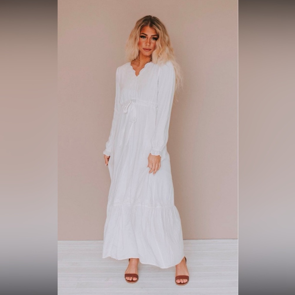 Roolee White Ruffled Tiered Gown with Bishop Sleeves